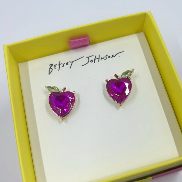 NWT Betsey Johnson APPLE STUD EARRING PINK DIAMOND Heart Teacher Jewelry School - Picture 6 of 7